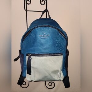 Kate Spade New York Blue Gray Leather Nylon Backpack Medium Pack Leather
